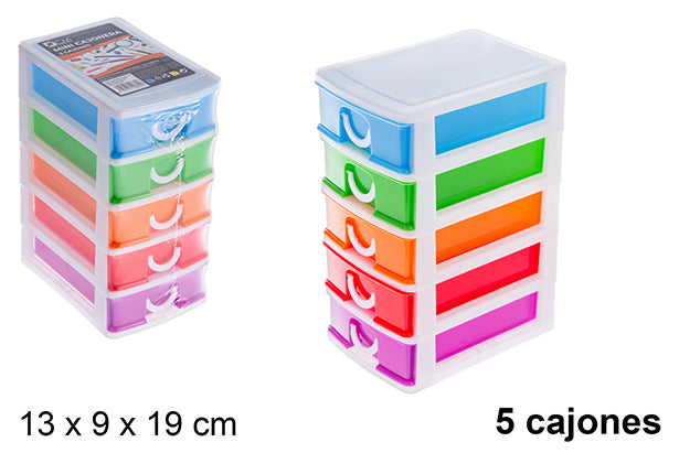 Mini cassettiera in plastica colorata 5 cassetti