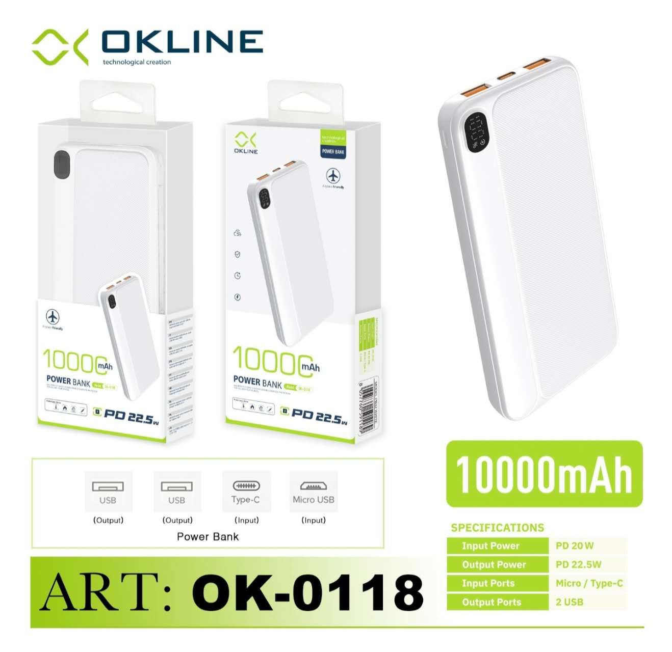ART.OK-0118 OKLINE WHITE DISPLAY LED POWER BANK 10000mAH CON USCITA PD 22.5W PB32