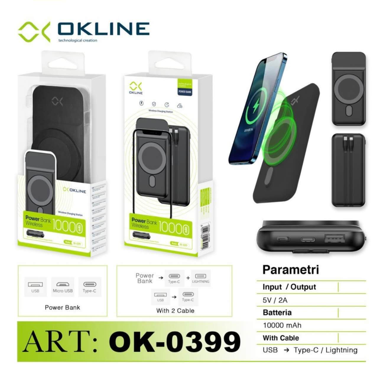 ART.OK-0399 OKLINE BLACK POWER BANK WIRELESS 10000mAh