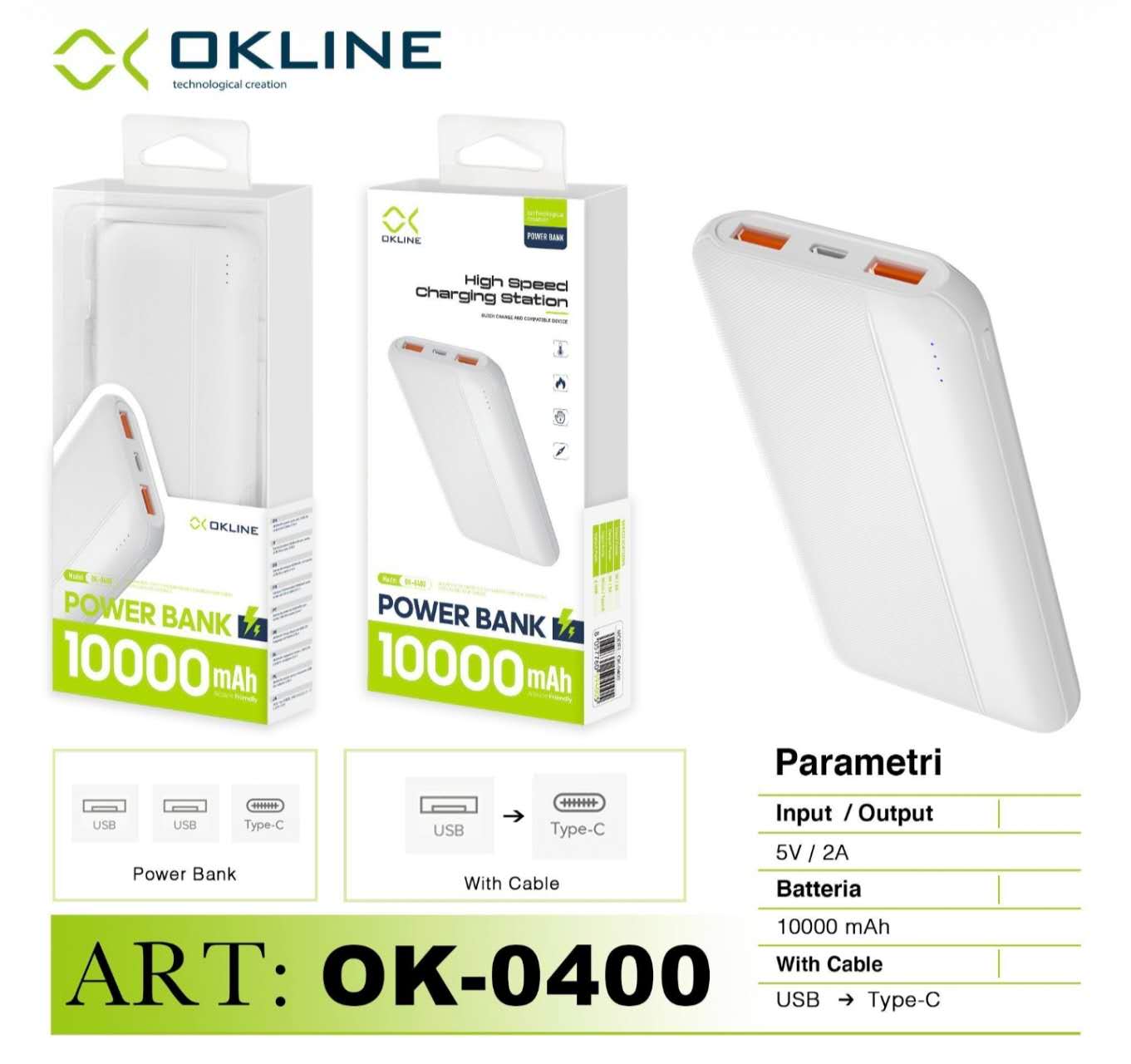 ART.OK-0400 OKLINE CON USCITA 2 USB A POWER BANK 10000mAH BIANCO