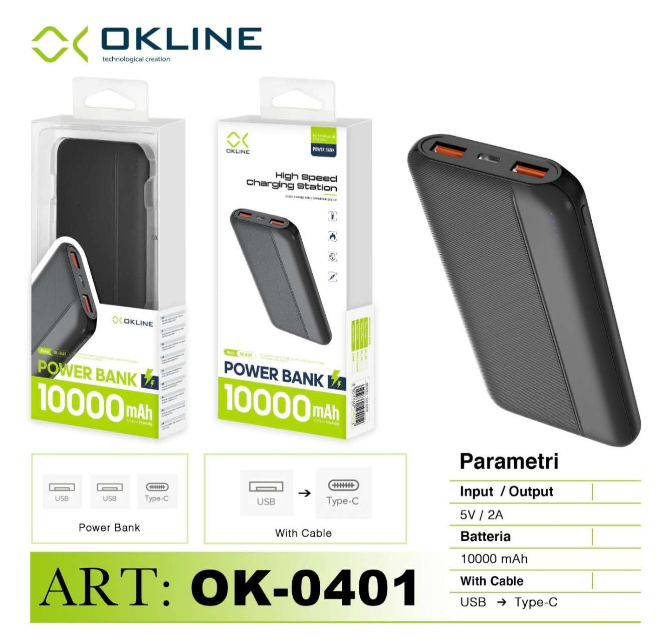 ART.OK-0401 OKLINE CON USCITA 2 USB A POWER BANK 10000mAH NERO