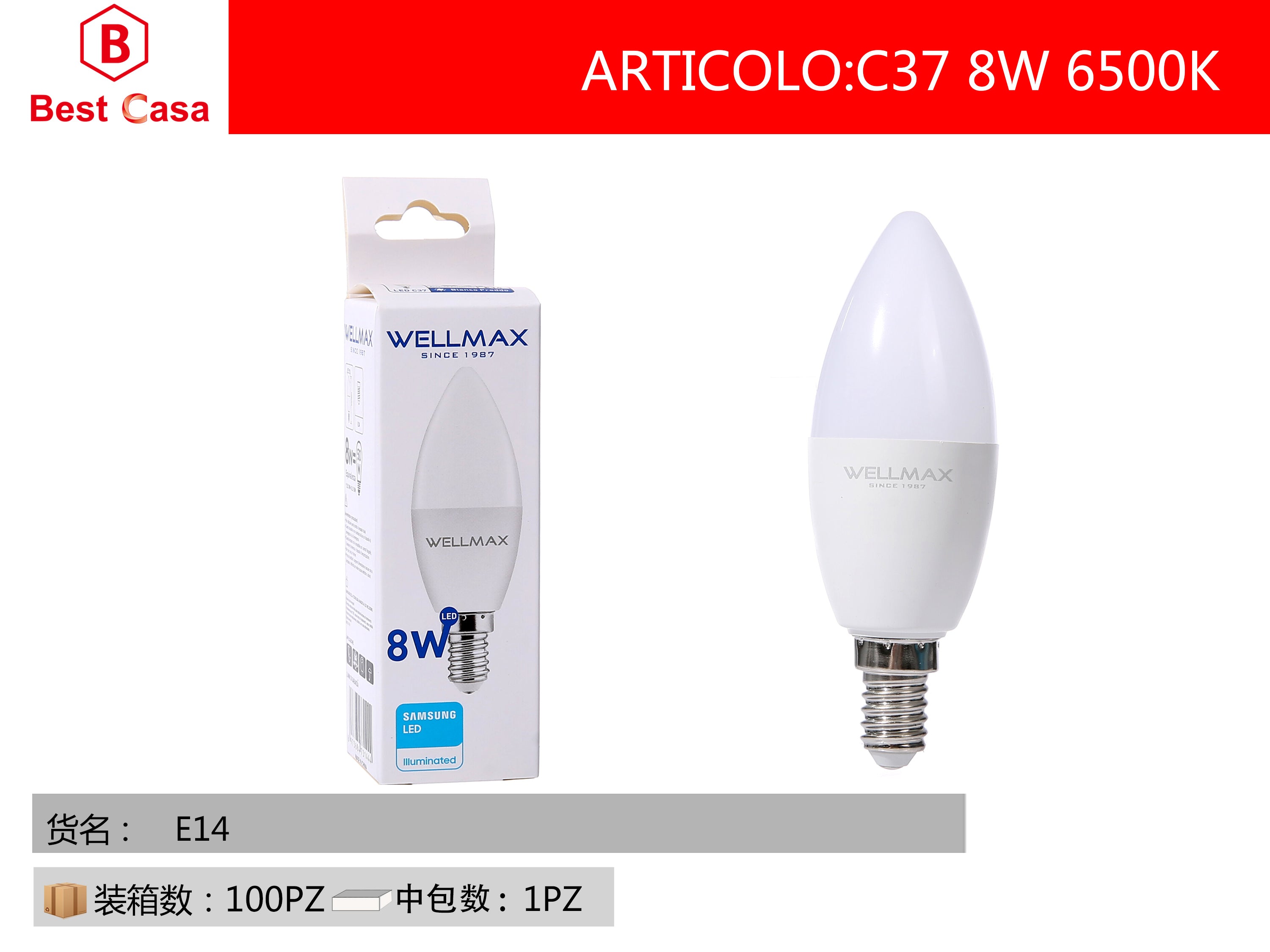 C37 8W 6500K E14 LAMPADA LED WELLMAX