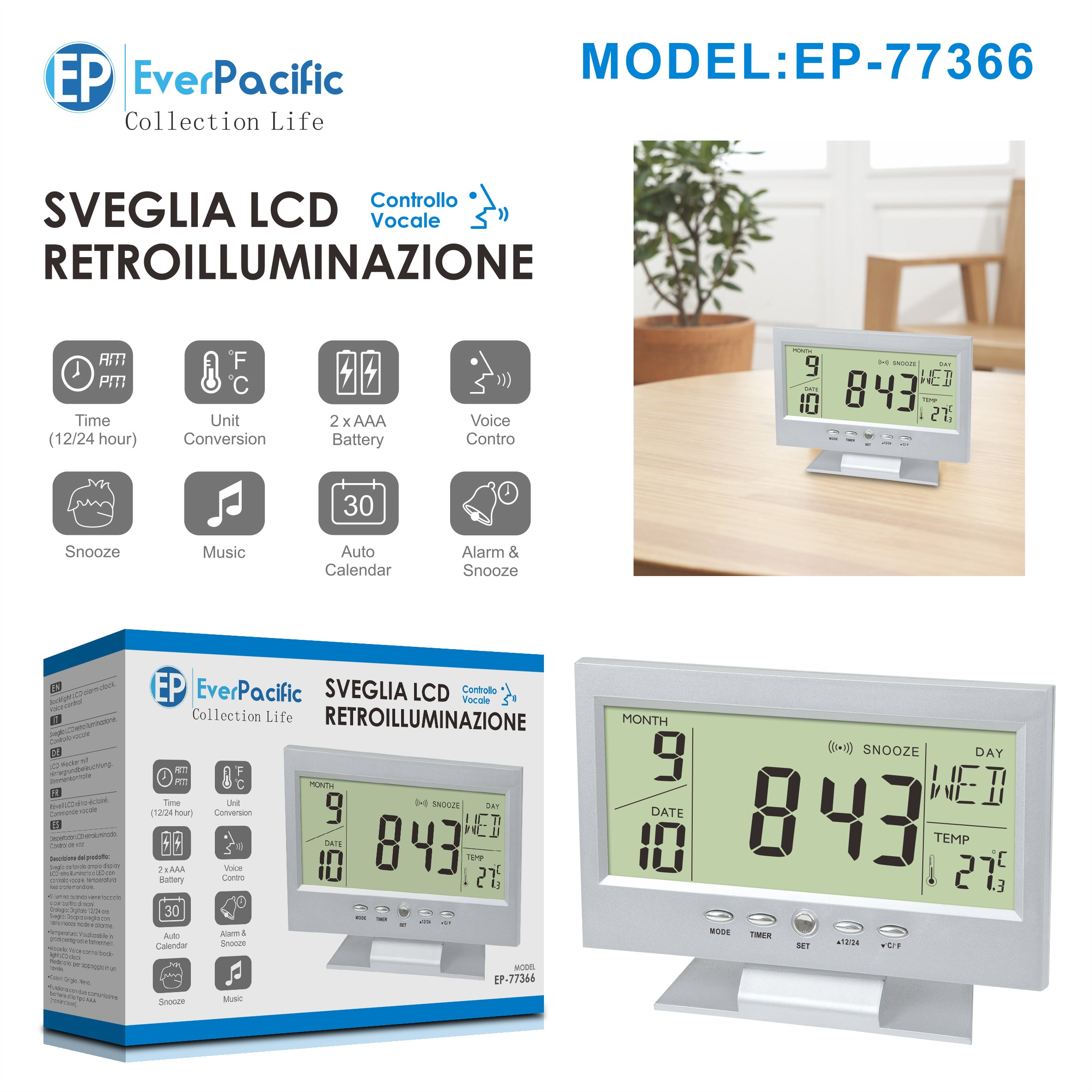 Sveglia LCD Retro illuminazione Controllo Vocale